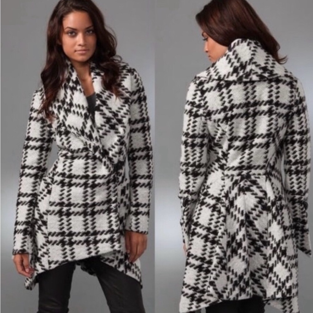 L.A.M.B. Gwen Stefani White Plaid Wool Blend Shawl Collar Asymmetrical Wrap Coat